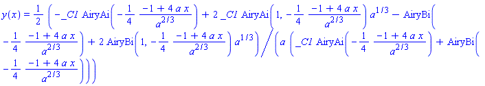 y(x) = (1/2)*(-_C1*AiryAi(-(1/4)*(-1+4*a*x)/a^(2/3))+2*_C1*AiryAi(1, -(1/4)*(-1+4*a*x)/a^(2/3))*a^(1/3)-AiryBi(-(1/4)*(-1+4*a*x)/a^(2/3))+2*AiryBi(1, -(1/4)*(-1+4*a*x)/a^(2/3))*a^(1/3))/(a*(_C1*AiryAi(-(1/4)*(-1+4*a*x)/a^(2/3))+AiryBi(-(1/4)*(-1+4*a*x)/a^(2/3))))