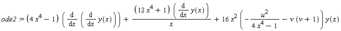 ode2 := (4*x^4-1)*(diff(diff(y(x), x), x))+(12*x^4+1)*(diff(y(x), x))/x+16*x^2*(-u^2/(4*x^4-1)-v*(v+1))*y(x)