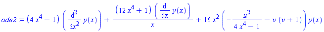 (4*x^4-1)*(diff(diff(y(x), x), x))+(12*x^4+1)*(diff(y(x), x))/x+16*x^2*(-u^2/(4*x^4-1)-v*(v+1))*y(x)