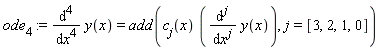 ode[4] := diff(y(x), x, x, x, x) = add(c[j](x)*(diff(y(x), [`$`(x, j)])), j = [3, 2, 1, 0])