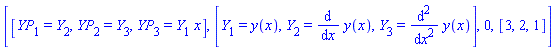 [[YP[1] = Y[2], YP[2] = Y[3], YP[3] = Y[1]*x], [Y[1] = y(x), Y[2] = diff(y(x), x), Y[3] = diff(y(x), `$`(x, 2))], 0, [3, 2, 1]]