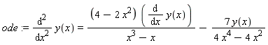 ode := diff(y(x), x, x) = (4-2*x^2)*(diff(y(x), x))/(x^3-x)-7*y(x)/(4*x^4-4*x^2)