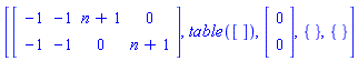 [Matrix([[-1, -1, n+1, 0], [-1, -1, 0, n+1]]), TABLE([]), Vector[column]([[0], [0]]), {}, {}]