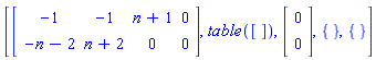 [Matrix([[-1, -1, n+1, 0], [-n-2, n+2, 0, 0]]), TABLE([]), Vector[column]([[0], [0]]), {}, {}]