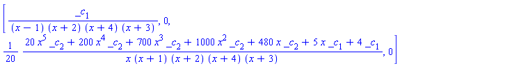 [_c[1]/((x-1)*(x+2)*(x+4)*(x+3)), 0, (1/20)*(20*x^5*_c[2]+200*x^4*_c[2]+700*x^3*_c[2]+1000*x^2*_c[2]+480*x*_c[2]+5*x*_c[1]+4*_c[1])/(x*(x+1)*(x+2)*(x+4)*(x+3)), 0]