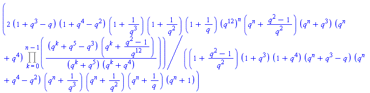 2*(1+q^3-q)*(1+q^4-q^2)*(1+1/q^3)*(1+1/q^2)*(1+1/q)*(q^12)^n*(q^n+(q^2-1)/q^2)*(q^n+q^3)*(q^n+q^4)*(Product((q^k+q^5-q^3)*(q^k+(q^2-1)/q^12)/((q^k+q^5)*(q^k+q^4)), k = 0 .. n-1))/((1+(q^2-1)/q^2)*(1+q^3)*(1+q^4)*(q^n+q^3-q)*(q^n+q^4-q^2)*(q^n+1/q^3)*(q^n+1/q^2)*(q^n+1/q)*(q^n+1))