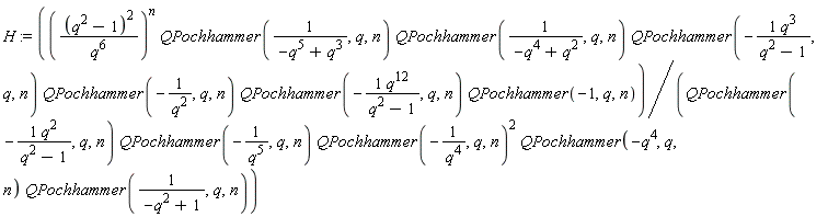 H := ((q^2-1)^2/q^6)^n*QPochhammer(1/(-q^5+q^3), q, n)*QPochhammer(1/(-q^4+q^2), q, n)*QPochhammer(-q^3/(q^2-1), q, n)*QPochhammer(-1/q^2, q, n)*QPochhammer(-q^12/(q^2-1), q, n)*QPochhammer(-1, q, n)/(QPochhammer(-q^2/(q^2-1), q, n)*QPochhammer(-1/q^5, q, n)*QPochhammer(-1/q^4, q, n)^2*QPochhammer(-q^4, q, n)*QPochhammer(1/(-q^2+1), q, n))