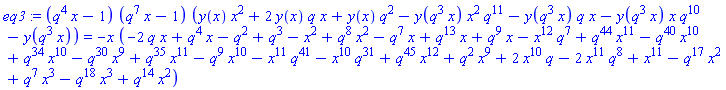 (q^4*x-1)*(q^7*x-1)*(y(x)*x^2+2*y(x)*q*x+y(x)*q^2-y(q^3*x)*x^2*q^11-y(q^3*x)*q*x-y(q^3*x)*x*q^10-y(q^3*x)) = -x*(-2*q*x+q^4*x-q^2+q^3-x^2+q^8*x^2-q^7*x+q^13*x+q^9*x-x^12*q^7+q^44*x^11-q^40*x^10+q^34*x^10-q^30*x^9+q^35*x^11-q^9*x^10-x^11*q^41-x^10*q^31+q^45*x^12+q^2*x^9+2*x^10*q-2*x^11*q^8+x^11-q^17*x^2+q^7*x^3-q^18*x^3+q^14*x^2)