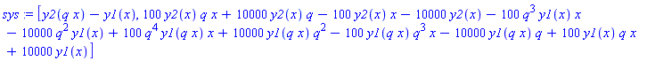[y2(q*x)-y1(x), 100*y2(x)*q*x+10000*y2(x)*q-100*y2(x)*x-10000*y2(x)-100*q^3*y1(x)*x-10000*q^2*y1(x)+100*q^4*y1(q*x)*x+10000*y1(q*x)*q^2-100*y1(q*x)*q^3*x-10000*y1(q*x)*q+100*y1(x)*q*x+10000*y1(x)]