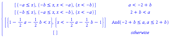 piecewise(a < -2+b, [{-a <= x}, {-b <= x, x < -a}, {x < -b}], 2+b < a, [{-b <= x}, {-a <= x, x < -b}, {x < -a}], And(-2+b <= a, a <= 2+b), [{1-(1/2)*a-(1/2)*b < x}, {x < -(1/2)*a-(1/2)*b-1}], [])