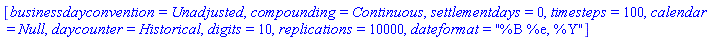 [businessdayconvention = Unadjusted, compounding = Continuous, settlementdays = 0, timesteps = 100, calendar = Null, daycounter = Historical, digits = 10, replications = 10000, dateformat = "%B %e, %Y"]