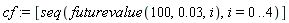 cf := [seq(futurevalue(100, 0.3e-1, i), i = 0 .. 4)]