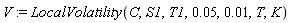 V := LocalVolatility(C, S1, T1, 0.5e-1, 0.1e-1, T, K)