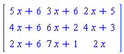 Matrix([[5*x+6, 3*x+6, 2*x+5], [4*x+6, 6*x+2, 4*x+3], [2*x+6, 7*x+1, 2*x]])