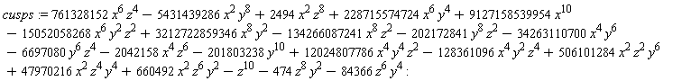 cusps := 761328152*x^6*z^4-5431439286*y^8*x^2+2494*x^2*z^8+228715574724*y^4*x^6+9127158539954*x^10-15052058268*x^6*y^2*z^2+3212722859346*y^2*x^8-134266087241*x^8*z^2-202172841*y^8*z^2-34263110700*y^6*x^4-6697080*y^6*z^4-2042158*x^4*z^6-201803238*y^10+12024807786*x^4*y^4*z^2-128361096*x^4*y^2*z^4+506101284*x^2*z^2*y^6+47970216*x^2*z^4*y^4+660492*x^2*z^6*y^2-z^10-474*z^8*y^2-84366*z^6*y^4:
