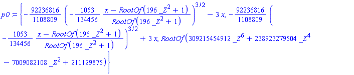 {-(92236816/1108809)*(-(1053/134456)*(x-RootOf(196*_Z^2+1))/RootOf(196*_Z^2+1))^(3/2)-3*x, -(92236816/1108809)*(-(1053/134456)*(x-RootOf(196*_Z^2+1))/RootOf(196*_Z^2+1))^(3/2)+3*x, RootOf(309215454912*_Z^6+238923279504*_Z^4-7009082108*_Z^2+211129875)}