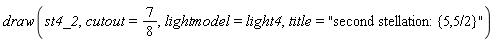 draw(st4_2, cutout = 7/8, lightmodel = light4, title = "second stellation: {5,5/2}")