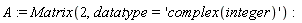 A := Matrix(2, datatype = 'complex(integer)')