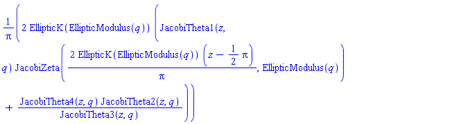 2*EllipticK(EllipticModulus(q))*(JacobiTheta1(z, q)*JacobiZeta(2*EllipticK(EllipticModulus(q))*(z-(1/2)*Pi)/Pi, EllipticModulus(q))+JacobiTheta4(z, q)*JacobiTheta2(z, q)/JacobiTheta3(z, q))/Pi