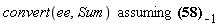 `assuming`([convert(ee, Sum)], [[arcsin(x) = Sum(-I*(-1+(1-x^2)^(1/2)+I*x)*(1-(1-x^2)^(1/2)-I*x)^_k1/(1+_k1), _k1 = 0 .. infinity), And(abs(-1+(1-x^2)^(1/2)+I*x) < 1)][-1]])
