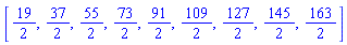 [19/2, 37/2, 55/2, 73/2, 91/2, 109/2, 127/2, 145/2, 163/2]
