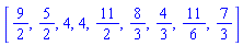 [9/2, 5/2, 4, 4, 11/2, 8/3, 4/3, 11/6, 7/3]