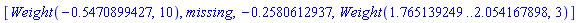 [Weight(-.5470899427, 10), missing, -.2580612937, Weight(1.765139249 .. 2.054167898, 3)]