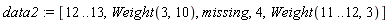 data2 := [12 .. 13, Weight(3, 10), missing, 4, Weight(11 .. 12, 3)]