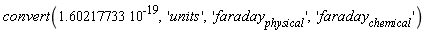 convert(1.60217733*10^(-19), 'units', 'faraday[physical]', 'faraday[chemical]')