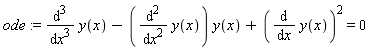 ode := diff(y(x), x, x, x)-(diff(y(x), x, x))*y(x)+(diff(y(x), x))^2 = 0