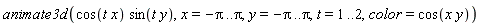 animate3d(cos(t*x)*sin(t*y), x = -Pi .. Pi, y = -Pi .. Pi, t = 1 .. 2, color = cos(x*y))