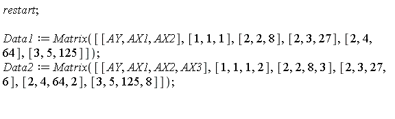 restart; Data1 := Matrix([[AY, AX1, AX2], [1, 1, 1], [2, 2, 8], [2, 3, 27], [2, 4, 64], [3, 5, 125]]); Data2 := Matrix([[AY, AX1, AX2, AX3], [1, 1, 1, 2], [2, 2, 8, 3], [2, 3, 27, 6], [2, 4, 64, 2], [3, 5, 125, 8]])