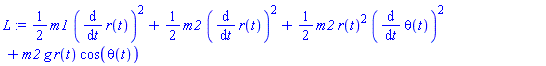 (1/2)*m1*(diff(r(t), t))^2+(1/2)*m2*(diff(r(t), t))^2+(1/2)*m2*r(t)^2*(diff(theta(t), t))^2+m2*g*r(t)*cos(theta(t))