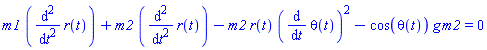 m1*(diff(diff(r(t), t), t))+m2*(diff(diff(r(t), t), t))-m2*r(t)*(diff(theta(t), t))^2-cos(theta(t))*g*m2 = 0