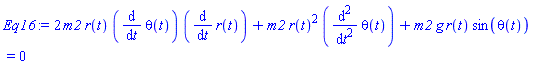 2*m2*r(t)*(diff(theta(t), t))*(diff(r(t), t))+m2*r(t)^2*(diff(diff(theta(t), t), t))+m2*g*r(t)*sin(theta(t)) = 0