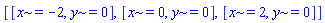 [[x = -2, y = 0], [x = 0, y = 0], [x = 2, y = 0]]