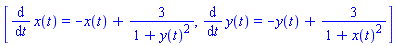 [diff(x(t), t) = -x(t)+3/(1+y(t)^2), diff(y(t), t) = -y(t)+3/(1+x(t)^2)]