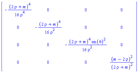 Matrix(4, 4, {(1, 1) = -(1/16)*(2*rho+m)^4/rho^4, (1, 2) = 0, (1, 3) = 0, (1, 4) = 0, (2, 1) = 0, (2, 2) = -(1/16)*(2*rho+m)^4/rho^2, (2, 3) = 0, (2, 4) = 0, (3, 1) = 0, (3, 2) = 0, (3, 3) = -(1/16)*(2*rho+m)^4*sin(theta)^2/rho^2, (3, 4) = 0, (4, 1) = 0, (4, 2) = 0, (4, 3) = 0, (4, 4) = (m-2*rho)^2/(2*rho+m)^2})