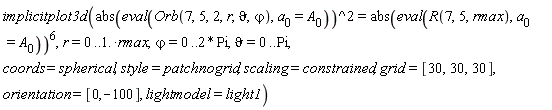 implicitplot3d(abs(eval(Orb(7, 5, 2, r, `&vartheta;`, `&varphi;`), a[0] = A[0]))^2 = abs(eval(R(7, 5, rmax), a[0] = A[0]))^6, r = 0 .. 1.*rmax, `&varphi;` = 0 .. 2*Pi, `&vartheta;` = 0 .. Pi, coords = spherical, style = patchnogrid, scaling = constrained, grid = [30, 30, 30], orientation = [0, -100], lightmodel = light1)
