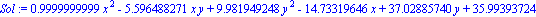 Sol := .9999999999*x^2-5.596488271*x*y+9.981949248*y^2-14.73319646*x+37.02885740*y+35.99393724