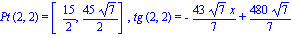 Pt*(2, 2) = [15/2, 45*7^(1/2)/2], tg*(2, 2) = -43*7^(1/2)*x/7+480*7^(1/2)/7