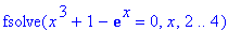 fsolve(x^3+1-exp(x) = 0,x,2 .. 4)