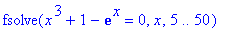 fsolve(x^3+1-exp(x) = 0,x,5 .. 50)