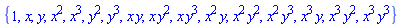 {1, x, y, x^2, x^3, y^2, y^3, x*y, x*y^2, x*y^3, x^2*y, x^2*y^2, x^2*y^3, x^3*y, x^3*y^2, x^3*y^3}