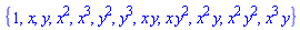 {1, x, y, x^2, x^3, y^2, y^3, x*y, x*y^2, x^2*y, x^2*y^2, x^3*y}