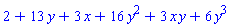 2+13*y+3*x+16*y^2+3*x*y+6*y^3