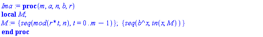 proc (m, a, n, b, r) local M; M := {seq(`mod`(r*t, n), t = 0 .. m-1)}; {seq(b^x, `in`(x, M))} end proc