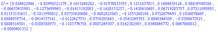 U := Vector[row](36, {(1) = 0.24422946e-1, (2) = -0.2990521279e-1, (3) = .1653248282, (4) = -0.1970833595e-1, (5) = .1251637815, (6) = .1604439126, (7) = 0.8639540586e-1, (8) = -0.6637435981e-1, (9) = -.1273699943, (10) = -0.1615192083e-1, (11) = -.1620153257, (12) = -.1438610605, (13) = 0.6719203757e-1, (14) = 0.7311090985e-1, (15) = 0.1353535615e-1, (16) = -.1015990652, (17) = 0.3735430600e-1, (18) = -0.602825065e-1, (19) = -.1855268186, (20) = 0.722679495e-1, (21) = .1036078669, (22) = 0.84059714e-2, (23) = -0.414537161e-1, (24) = -0.122427551e-1, (25) = 0.750205663e-1, (26) = -0.563249393e-1, (27) = 0.40344509e-2, (28) = -0.308672925e-1, (29) = 0.804514501e-1, (30) = -0.380588973e-1, (31) = -.1103774758, (32) = 0.85249307e-2, (33) = 0.162382905e-1, (34) = 0.340846772e-1, (35) = 0.47840012e-2, (36) = -0.60401312e-2})