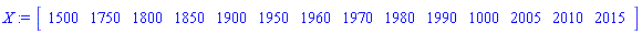 X := Vector[row](14, {(1) = 1500, (2) = 1750, (3) = 1800, (4) = 1850, (5) = 1900, (6) = 1950, (7) = 1960, (8) = 1970, (9) = 1980, (10) = 1990, (11) = 1000, (12) = 2005, (13) = 2010, (14) = 2015})