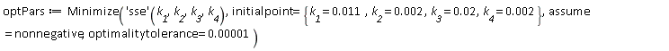 optPars := Minimize(('sse')(k__1, k__2, k__3, k__4), initialpoint = {k__1 = 0.11e-1, k__2 = 0.2e-2, k__3 = 0.2e-1, k__4 = 0.2e-2}, assume = nonnegative, optimalitytolerance = 0.1e-4)